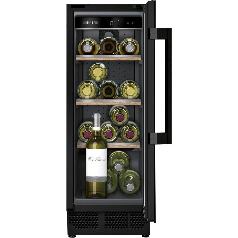 Siemens - KU20WVHF0 Weinklimaschrank (schwarz, 21 Liter, 3 Holzlagerböden, Glastür, Türanschläge wechselbar)