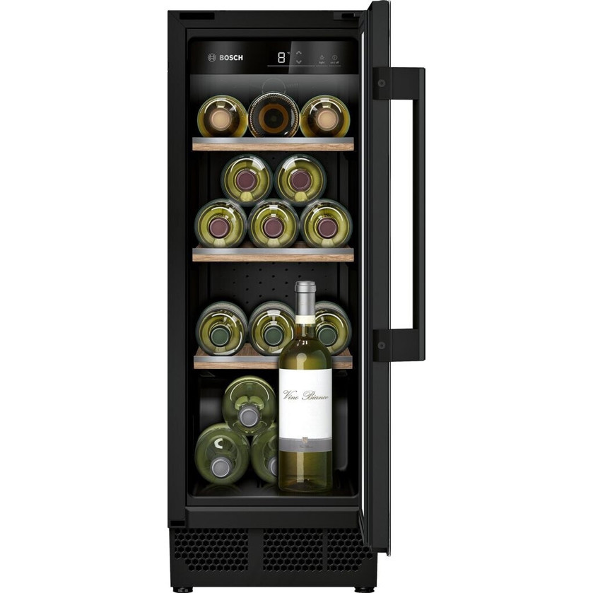 Bosch - KUW20VHF0 (Glastür - Schwarz) Weinkühlschrank mit Holzlagerböden für 21 Flaschen, Kindersicherung, 38 dB(A)
