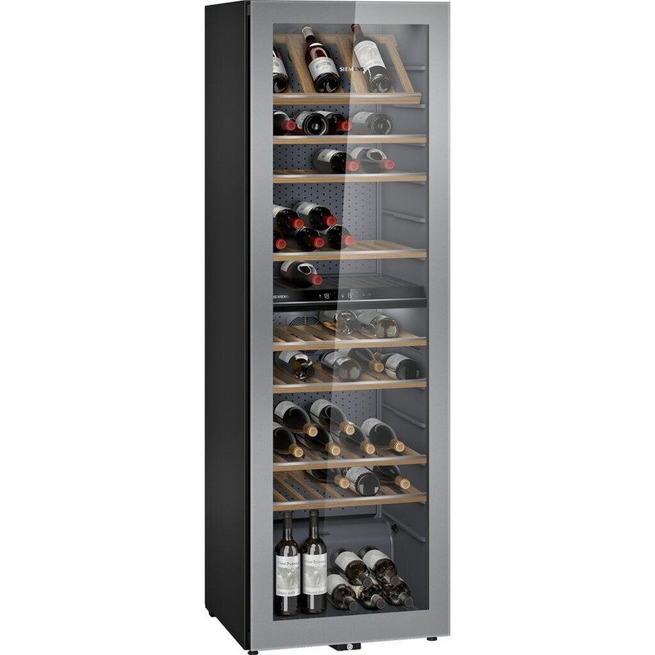 Siemens - KW36KATGA- Premium silberner Weinklimaschrank - geräuscharm 38 dB, freistehend, 186 cm hoch, verstellbare Flaschenborde, mit UV-Filter