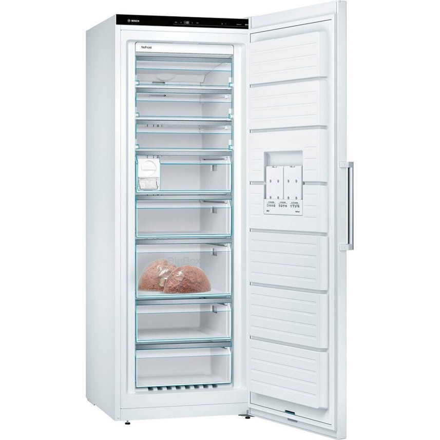 Bosch - GSN58AWDV (Weiß) Freistehender Standgefrierschrank mit 4-Sterne-Gefrierklasse, Schnellgefrierfunktion, No-Frost, Umluftkühlung, 366L Inhalt, Leise 38dB, Mit Eiswürfelbereiter & Schubladen