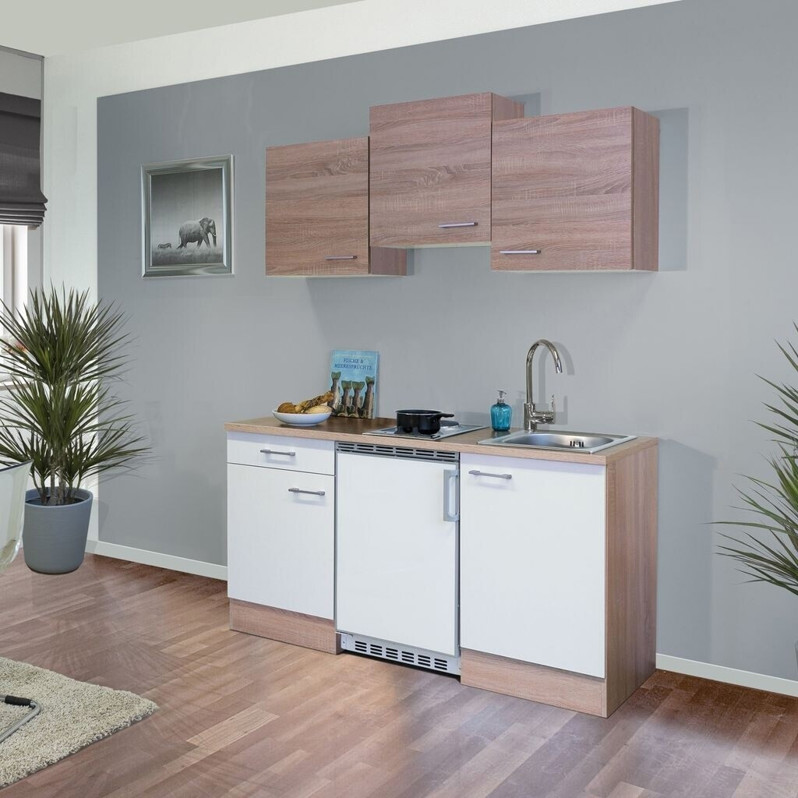 Flex-Well - Samoa 150 cm (Weiß, Miniküche mit Elektrogerät, mit Kühlschrank und Kochfeld)