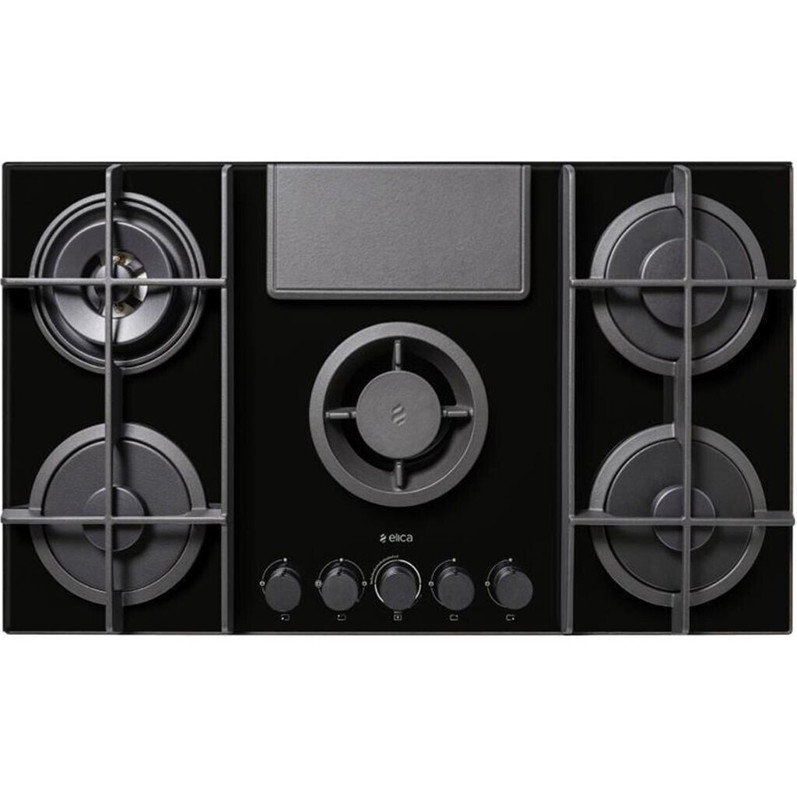 Elica - PRF0147740A, Gaskochfeld mit 4 Kochstellen (88 cm, schwarz, Dual-Wokbrenner)