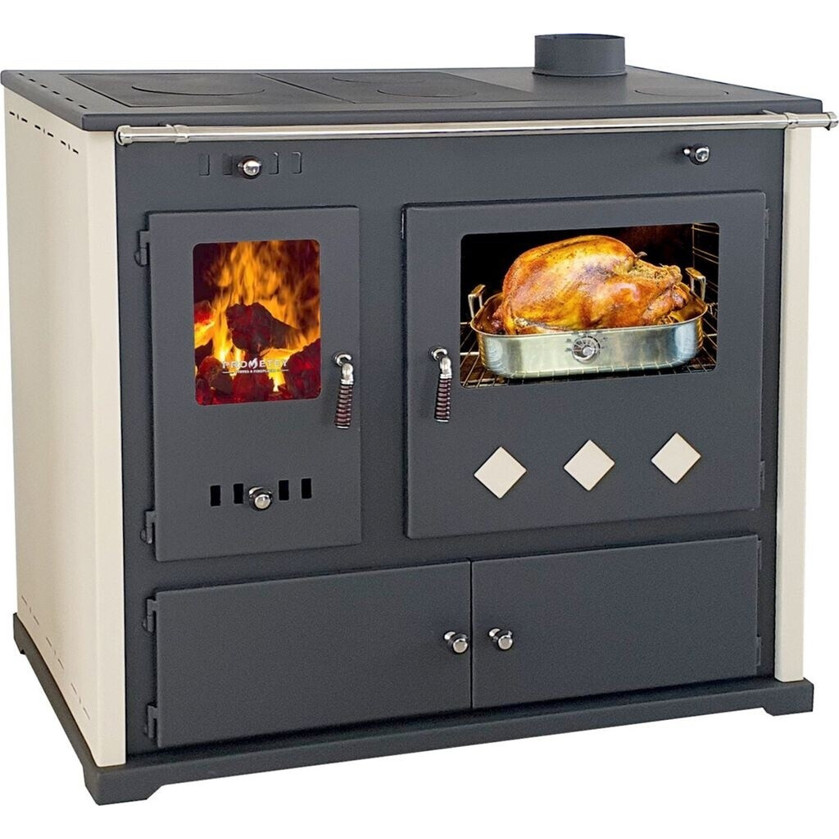 Prometey - Practik LUX (Festbrennstoffherd) (Standgerät) - Holzherd, 9,5 kW - mit Thermometer & Sichtfenster - Integriertem Backofen, Scheibenspülung - 90x52x90 cm (B/T/H) - für Öl, Holz & Holzbriketts - Beige/Schwarz