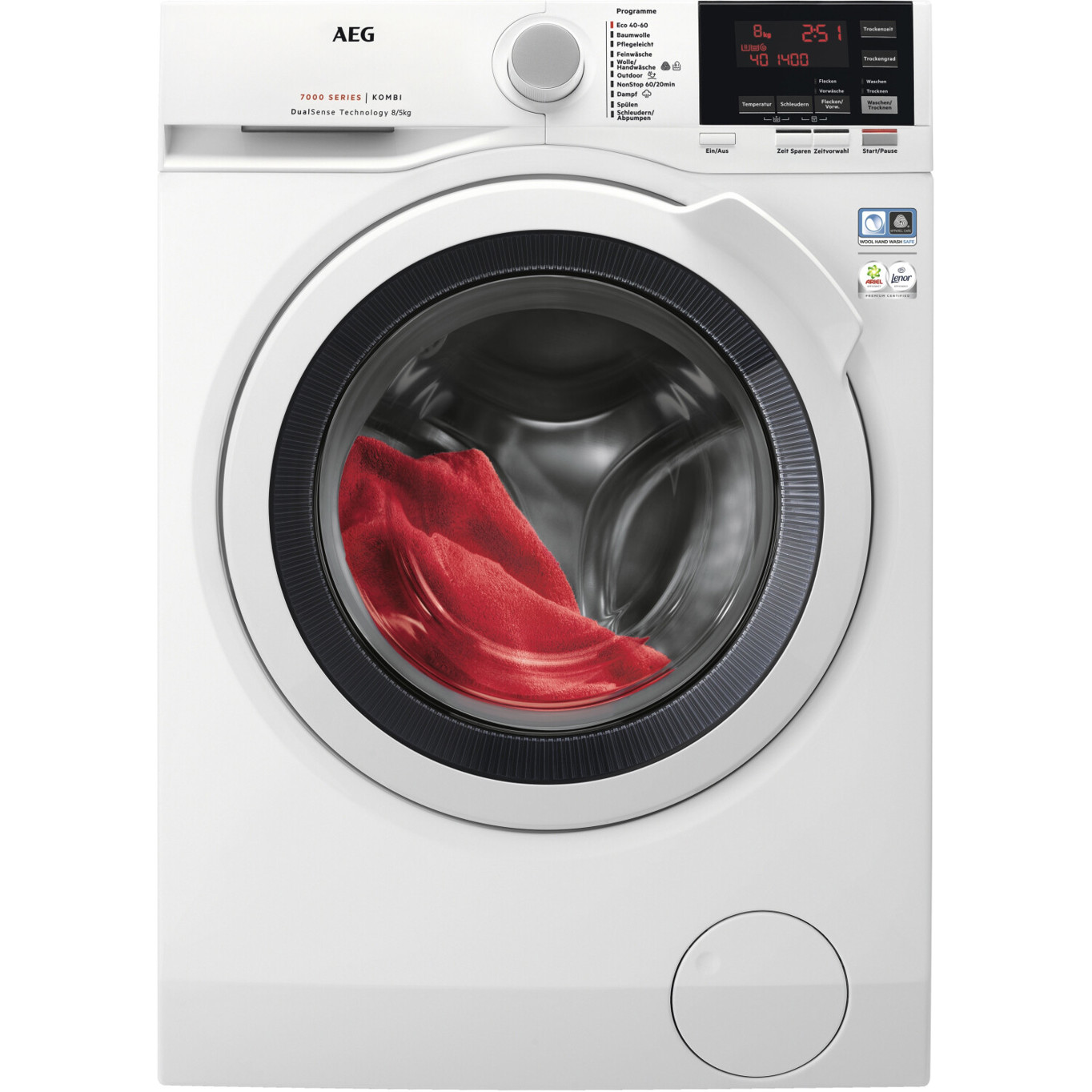 AEG - L7WBA60680 (freistehender Waschtrockner, weiß, Frontlader, 8kg Waschen, 5kg Trocknen, LED Display, Inverter-Motor, 1.600 U/min, ProSteam, DualSense, ProSense)