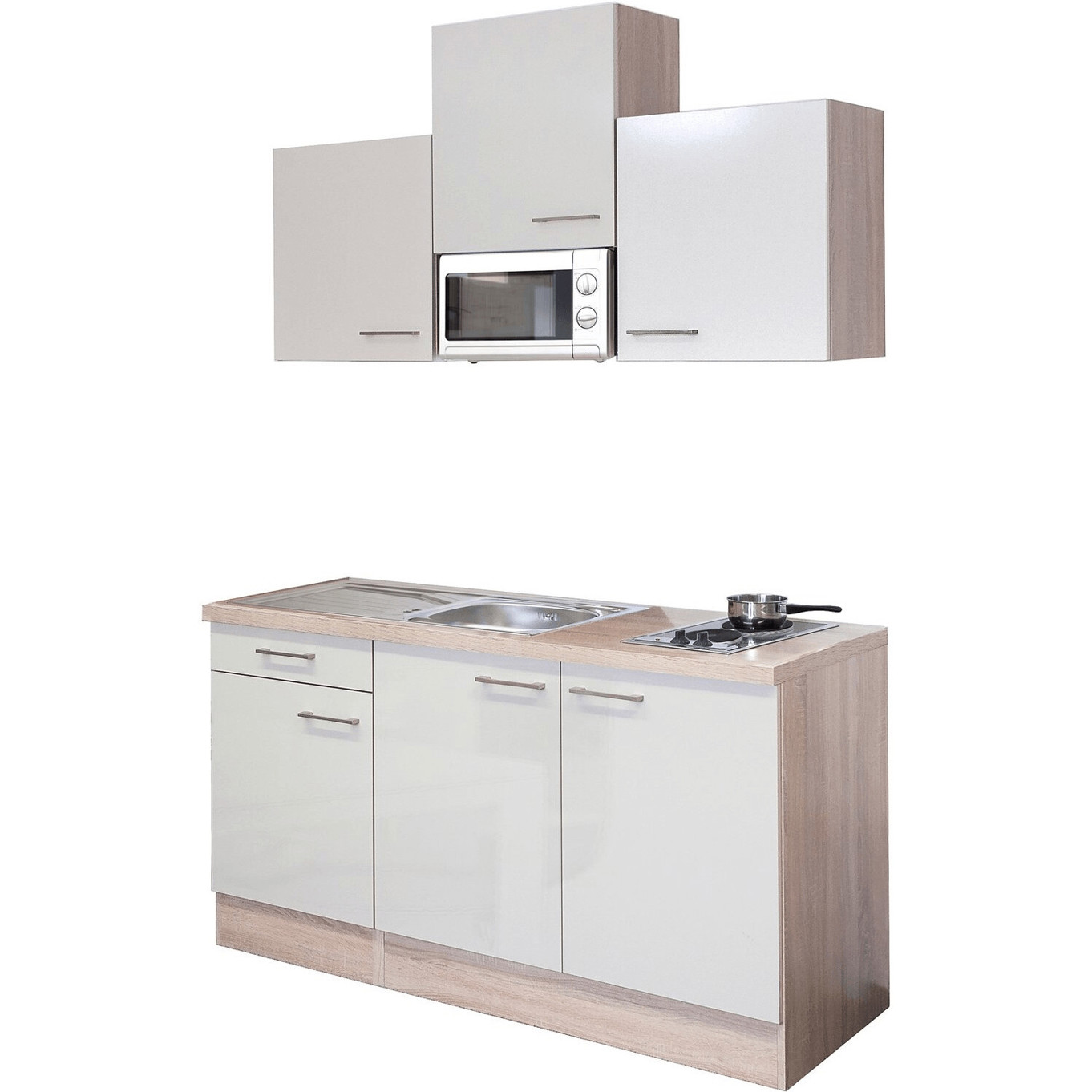 Flex-Well - Nepal 150 cm - Miniküche mit Elektrogerät (braun, Sonoma Eiche Dekor) inkl. Kühlschrank (68L) & Kochfeld (Knebelsteuerung)